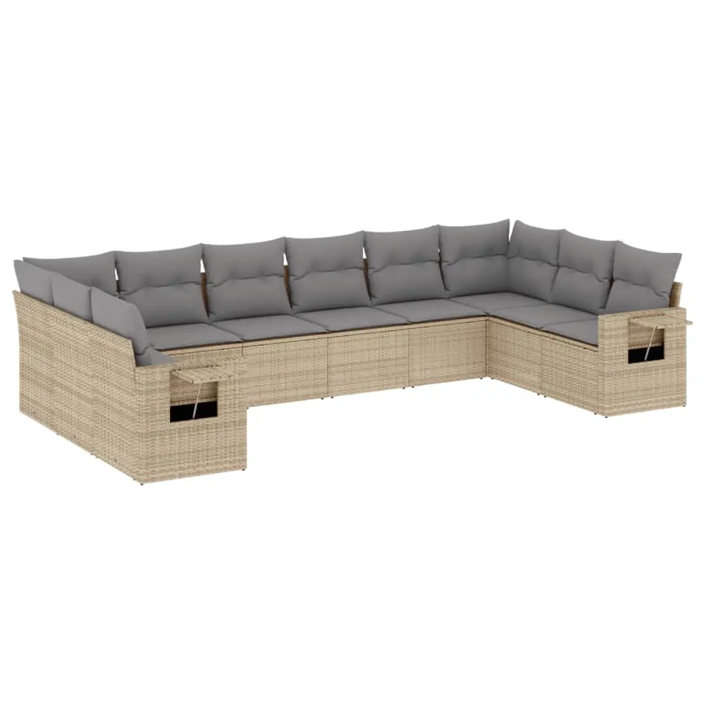 10 Piece Garden Sofa Set with Cushions Beige Poly Rattan 3220668 - Furniture