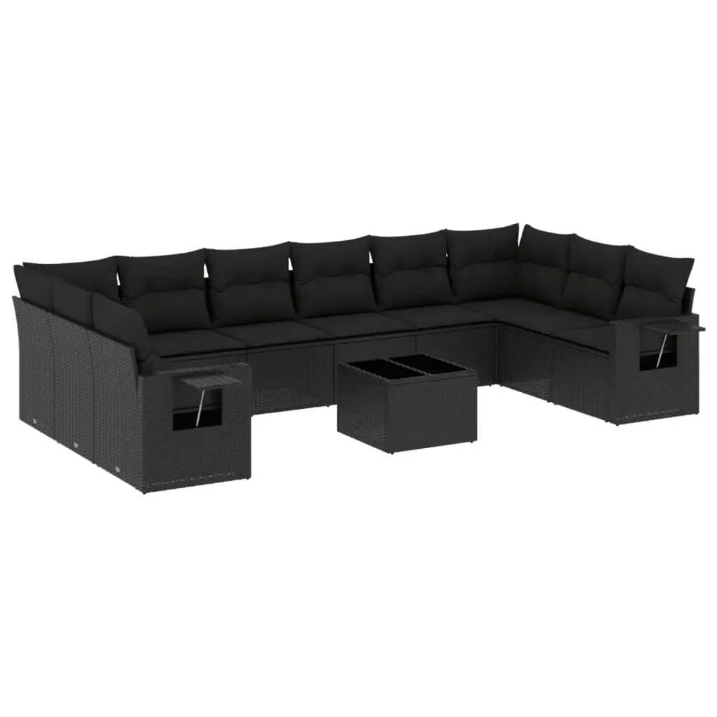11 Piece Garden Sofa Set with Cushions Black Poly Rattan 3220674 - Furniture