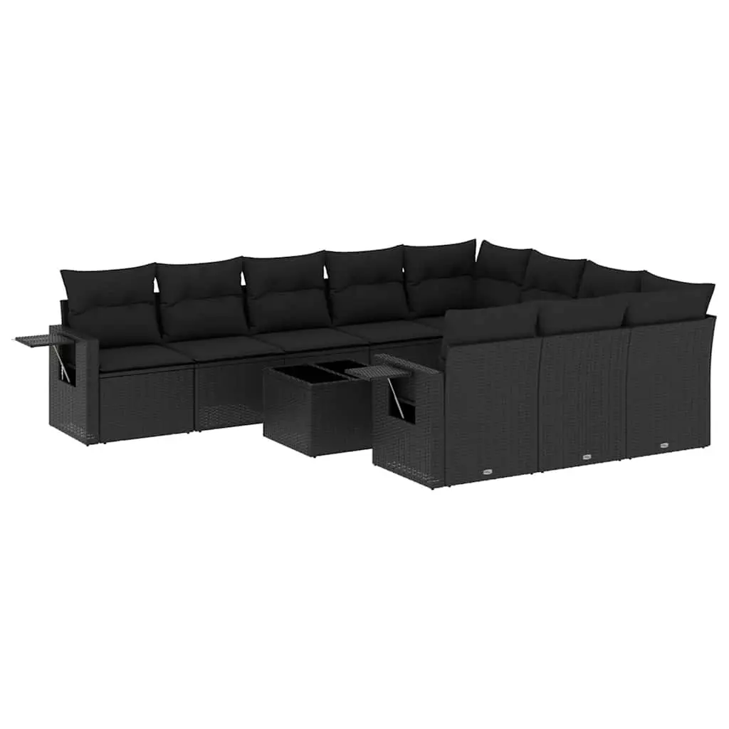 11 Piece Garden Sofa Set with Cushions Black Poly Rattan 3220694 - Furniture