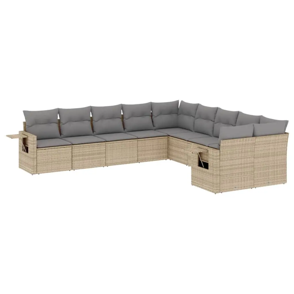 10 Piece Garden Sofa Set with Cushions Beige Poly Rattan 3220708 - Furniture