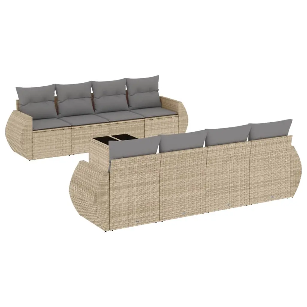 9 Piece Garden Sofa Set with Cushions Beige Poly Rattan 3221148 - Furniture