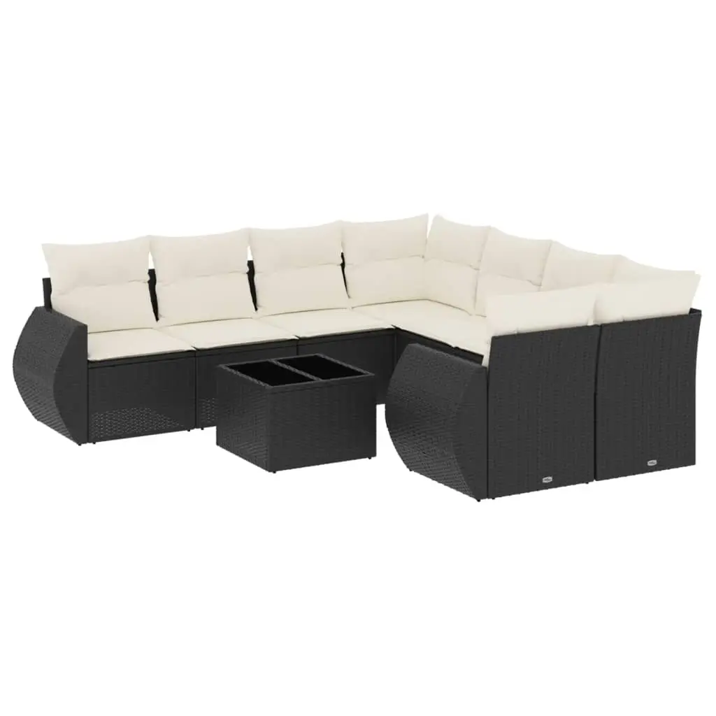 9 Piece Garden Sofa Set with Cushions Black Poly Rattan 3221155 - Furniture