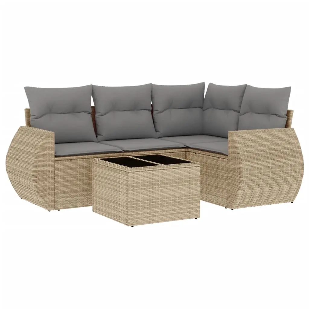 5 Piece Garden Sofa Set with Cushions Beige Poly Rattan 3221318 - Furniture