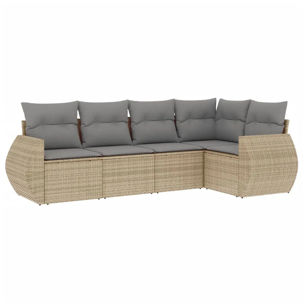 5 Piece Garden Sofa Set with Cushions Beige Poly Rattan 3221328 - Furniture