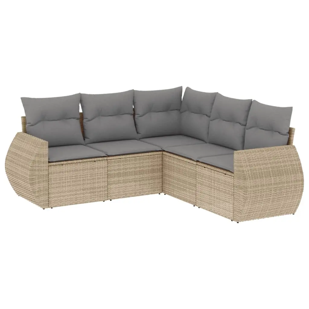 5 Piece Garden Sofa Set with Cushions Beige Poly Rattan 3221348 - Furniture