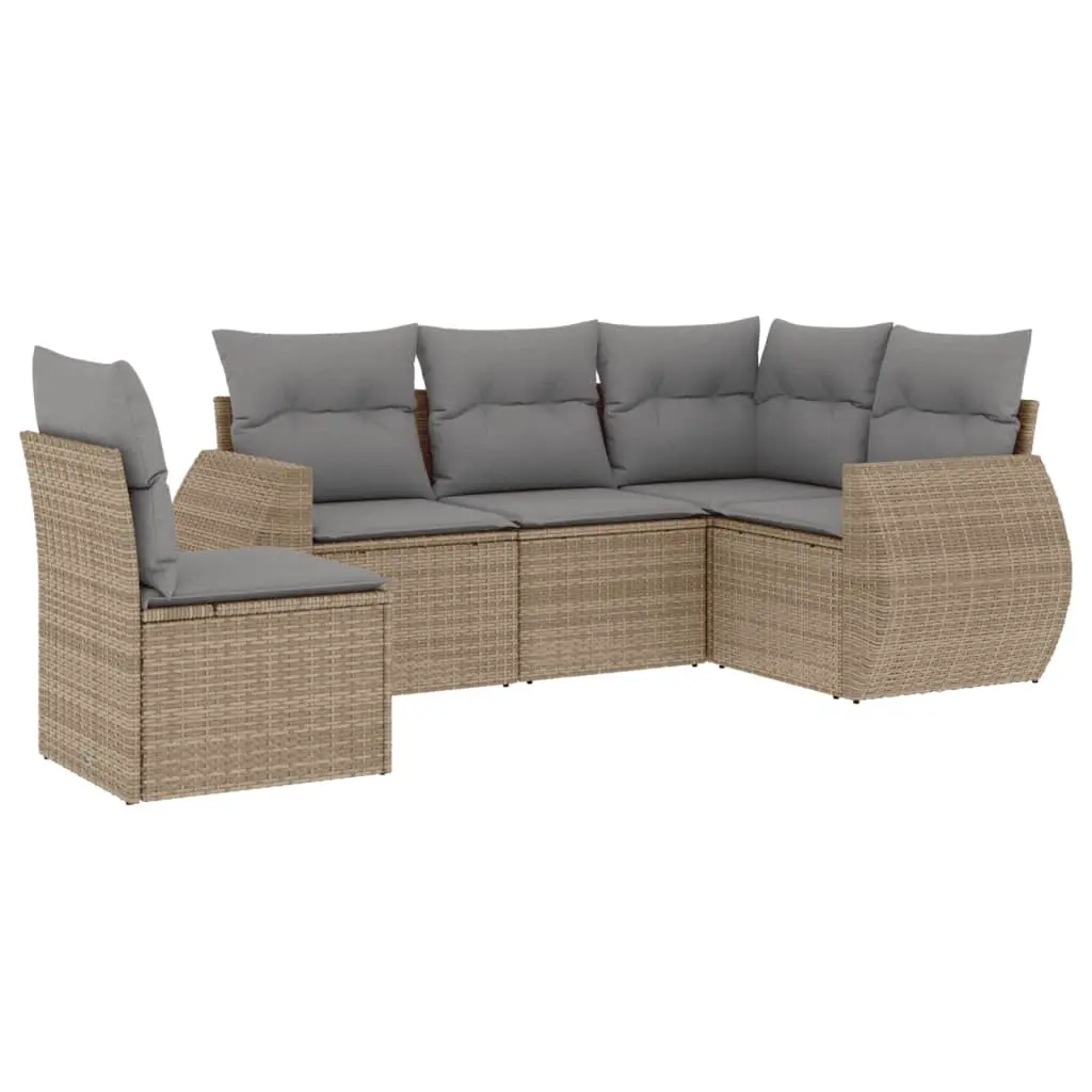5 Piece Garden Sofa Set with Cushions Beige Poly Rattan 3221368 - Furniture