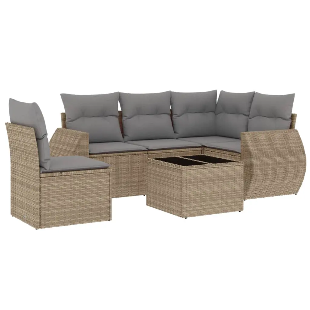 6 Piece Garden Sofa Set with Cushions Beige Poly Rattan 3221378 - Furniture
