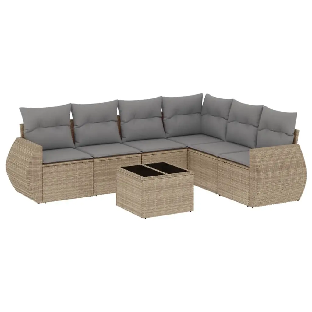 7 Piece Garden Sofa Set with Cushions Beige Poly Rattan 3221418 - Furniture