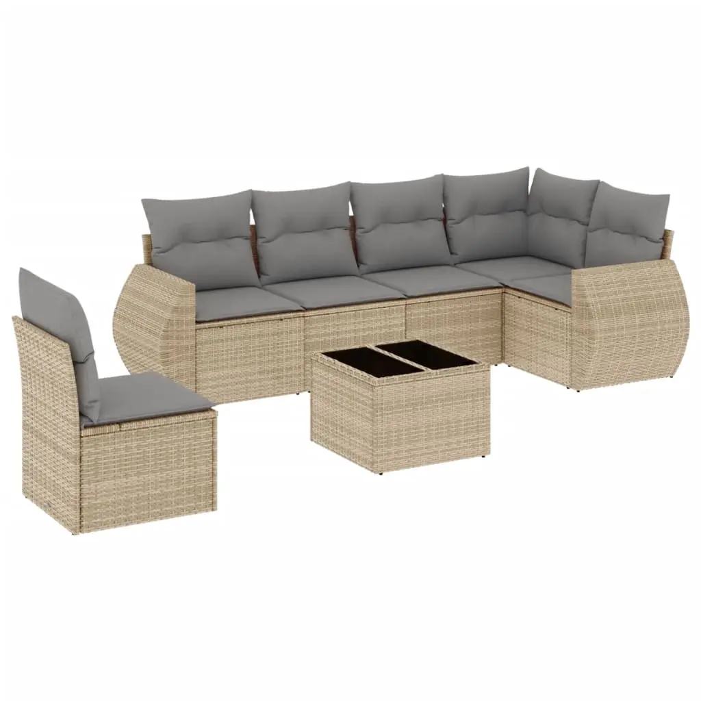 7 Piece Garden Sofa Set with Cushions Beige Poly Rattan 3221438 - Furniture