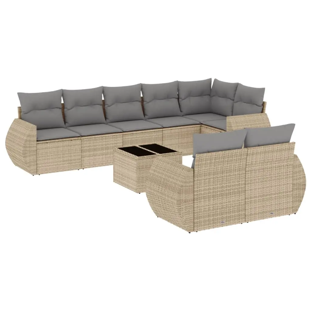 9 Piece Garden Sofa Set with Cushions Beige Poly Rattan 3221628 - Furniture