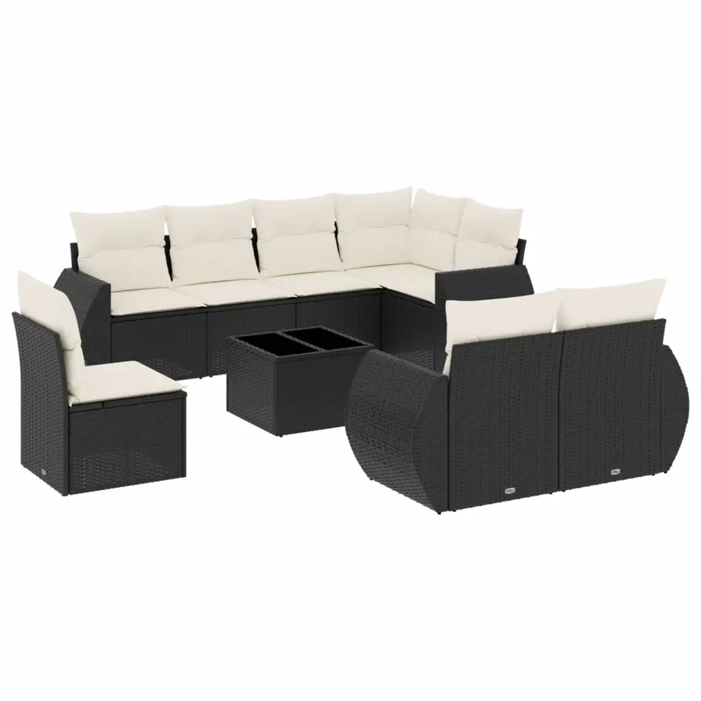 9 Piece Garden Sofa Set with Cushions Black Poly Rattan 3221645 - Furniture