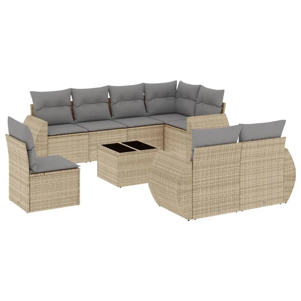 9 Piece Garden Sofa Set with Cushions Beige Poly Rattan 3221648 - Furniture