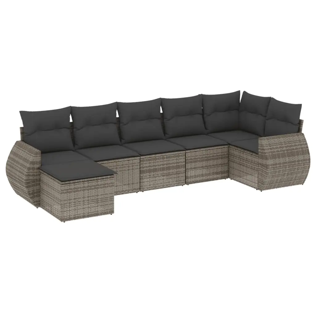 7 Piece Garden Sofa Set with Cushions Grey Poly Rattan 3221679 - Furniture