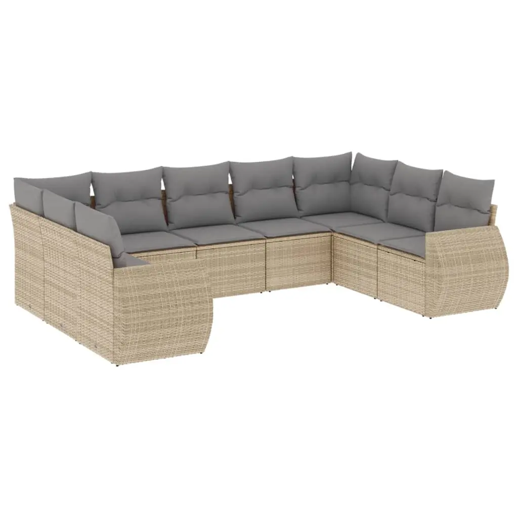 9 Piece Garden Sofa Set with Cushions Beige Poly Rattan 3221798 - Furniture