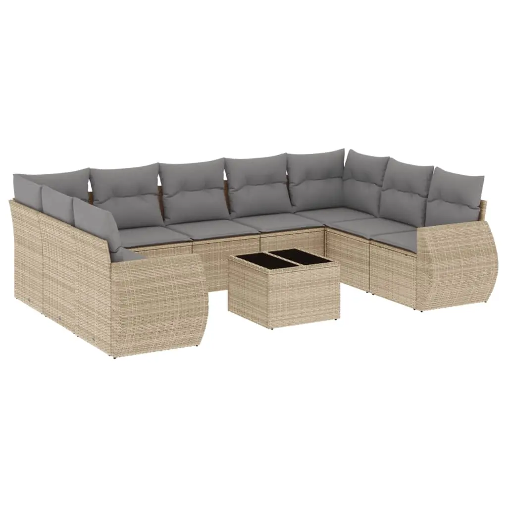 10 Piece Garden Sofa Set with Cushions Beige Poly Rattan 3221808 - Furniture