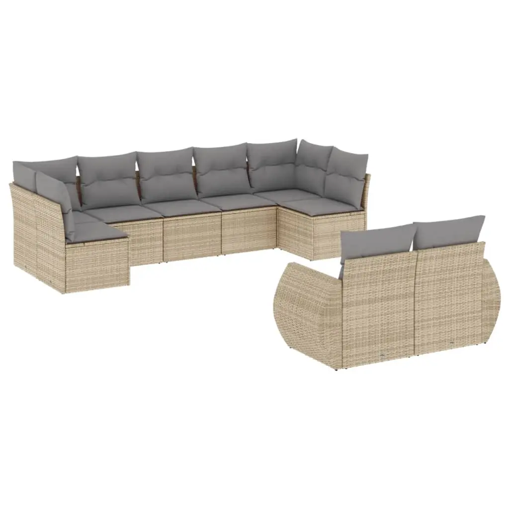 9 Piece Garden Sofa Set with Cushions Beige Poly Rattan 3221818 - Furniture