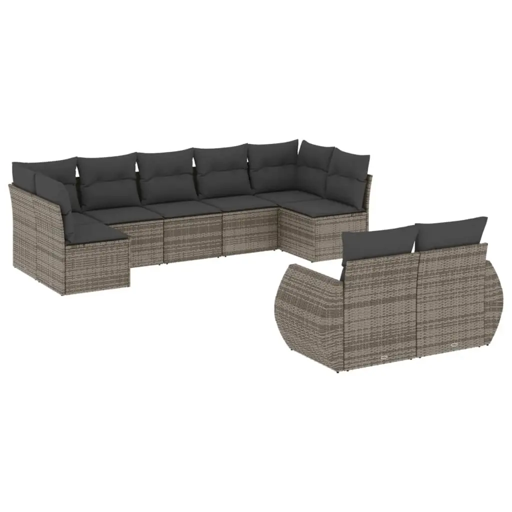 9 Piece Garden Sofa Set with Cushions Grey Poly Rattan 3221819 - Furniture