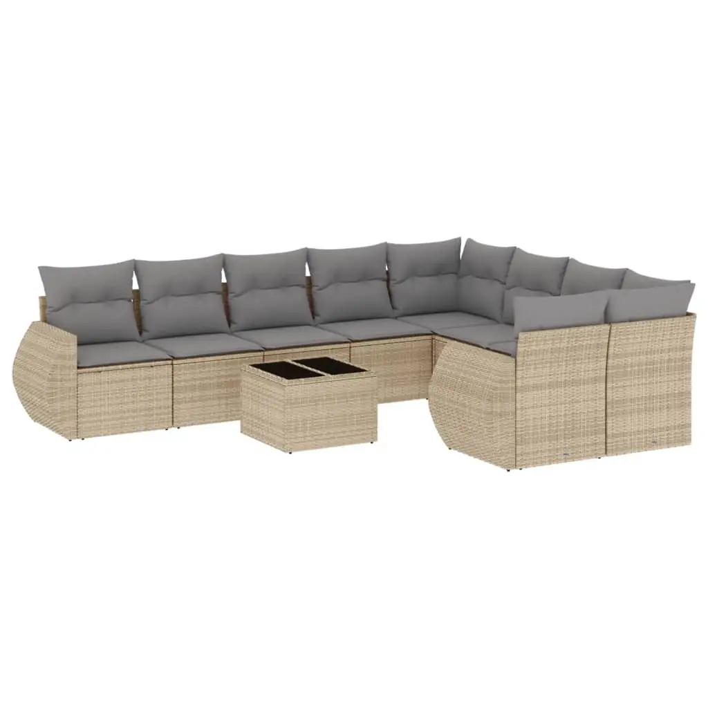 10 Piece Garden Sofa Set with Cushions Beige Poly Rattan 3221848 - Furniture