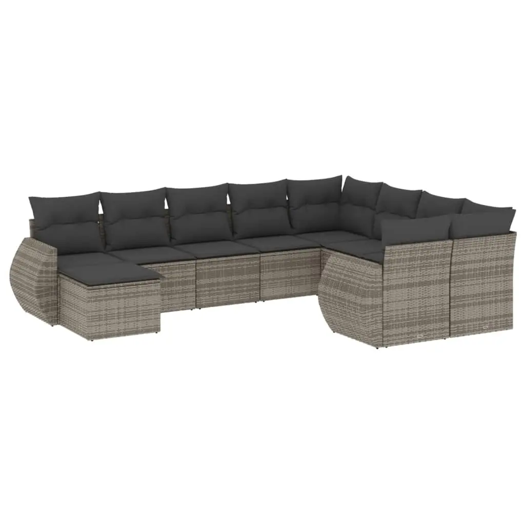 10 Piece Garden Sofa Set with Cushions Grey Poly Rattan 3221859 - Furniture