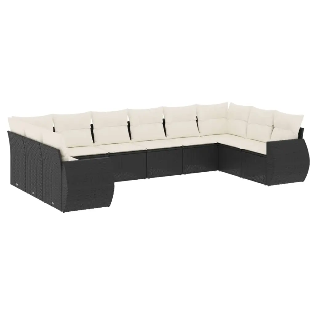 10 Piece Garden Sofa Set with Cushions Black Poly Rattan 3221865 - Furniture