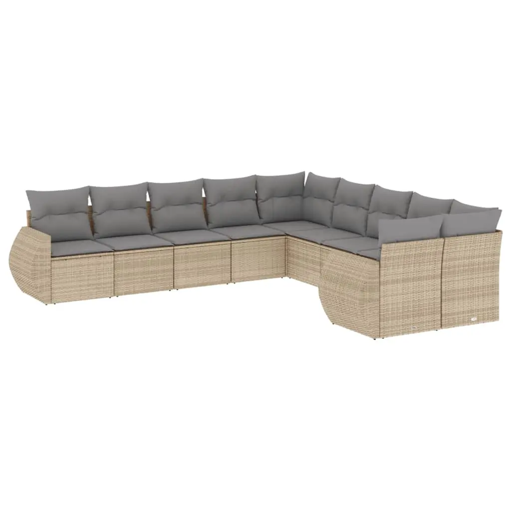10 Piece Garden Sofa Set with Cushions Beige Poly Rattan 3221908 - Furniture