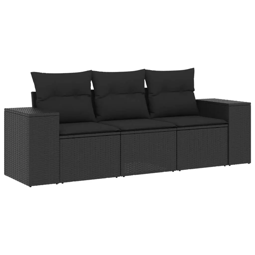 3 Piece Garden Sofa Set with Cushions Black Poly Rattan 3222254 - Furniture