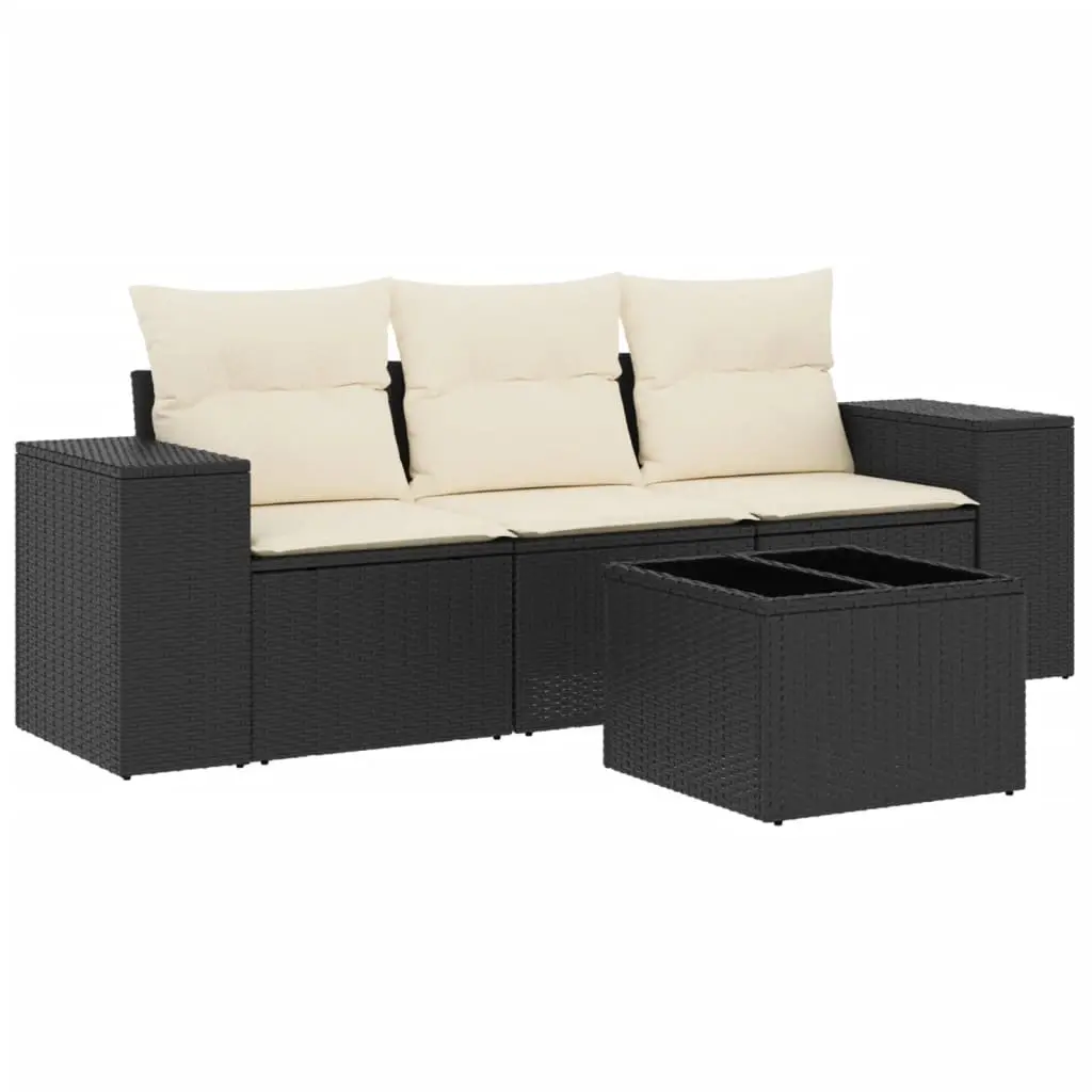 4 Piece Garden Sofa Set with Cushions Black Poly Rattan 3222265 - Furniture