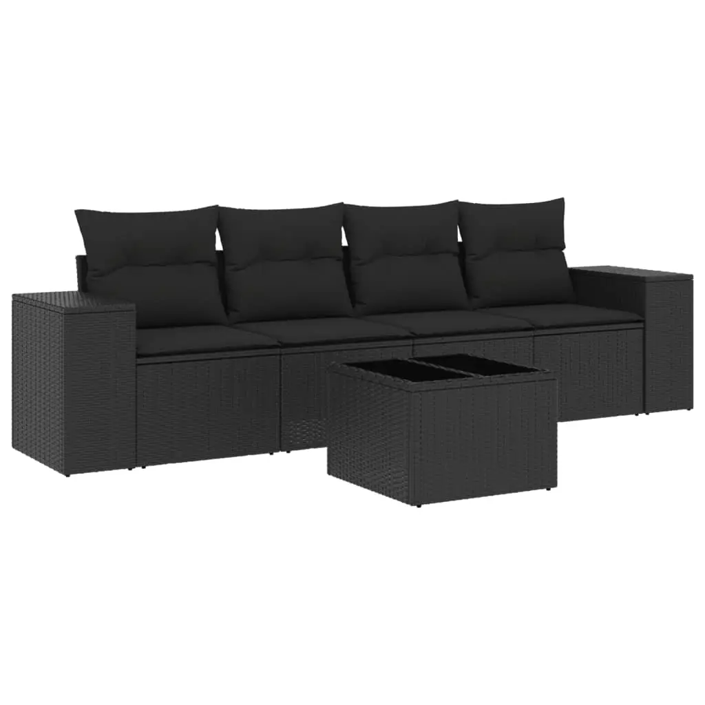 5 Piece Garden Sofa Set with Cushions Black Poly Rattan 3222284 - Furniture