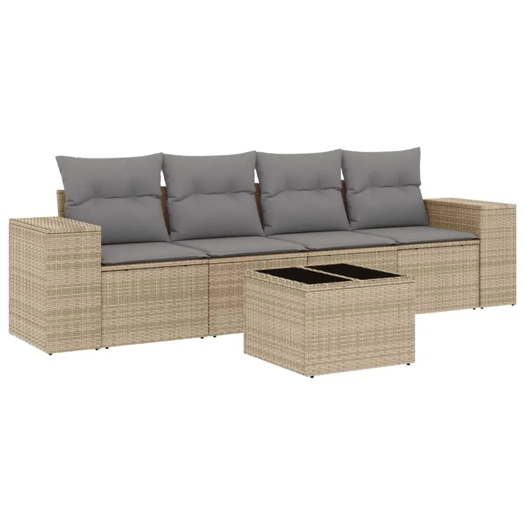5 Piece Garden Sofa Set with Cushions Beige Poly Rattan 3222288 - Furniture
