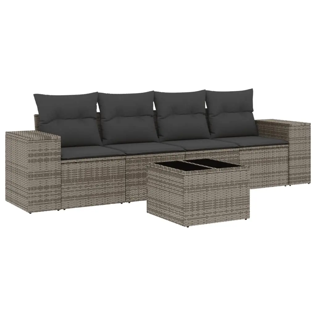5 Piece Garden Sofa Set with Cushions Grey Poly Rattan 3222289 - Furniture