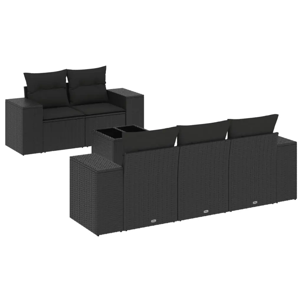 6 Piece Garden Sofa Set with Cushions Black Poly Rattan 3222294 - Furniture