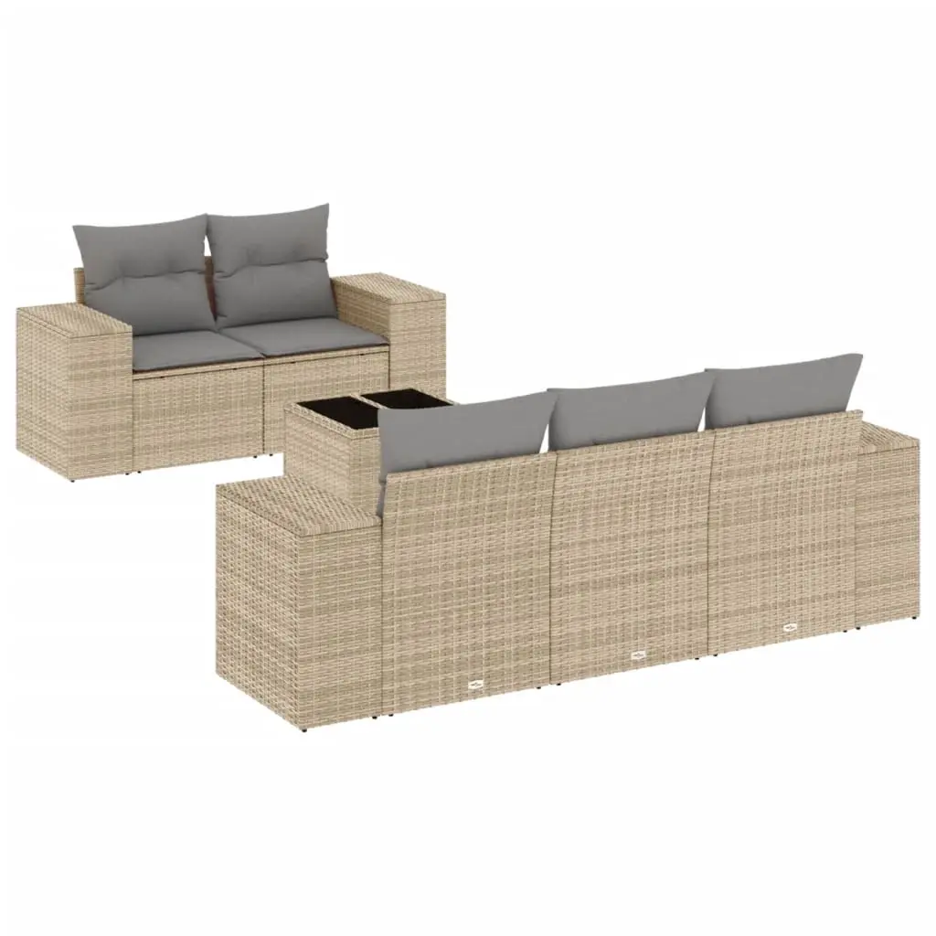 6 Piece Garden Sofa Set with Cushions Beige Poly Rattan 3222298 - Furniture