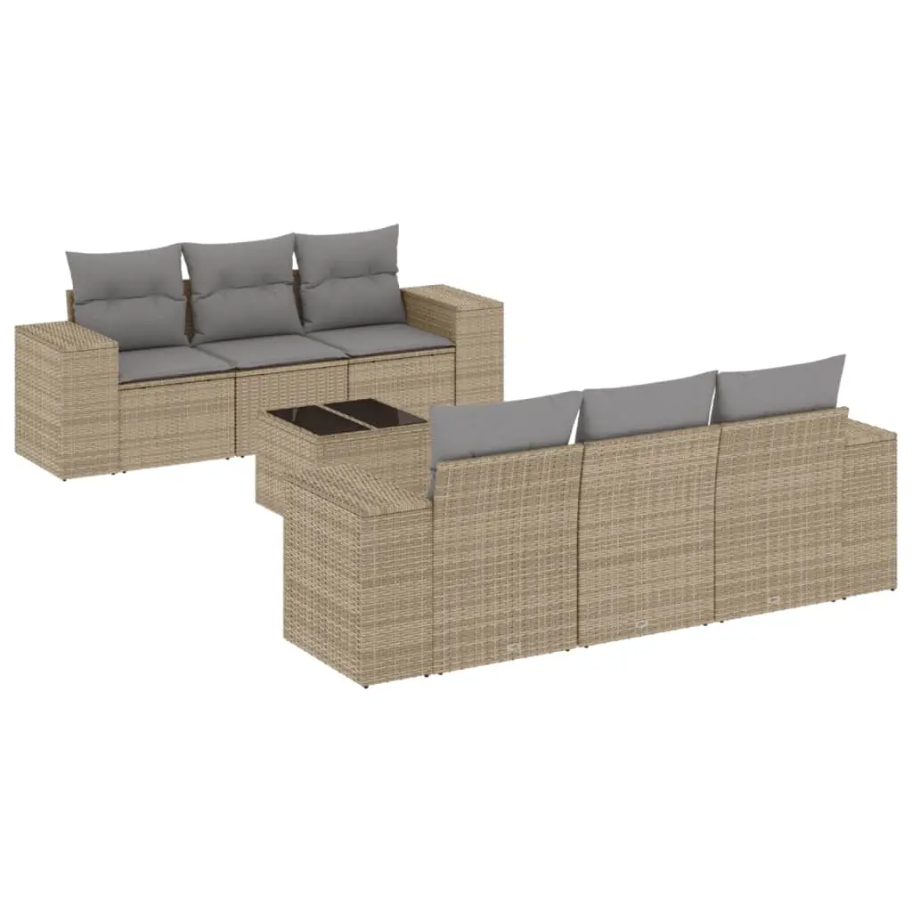 7 Piece Garden Sofa Set with Cushions Beige Poly Rattan 3222308 - Furniture