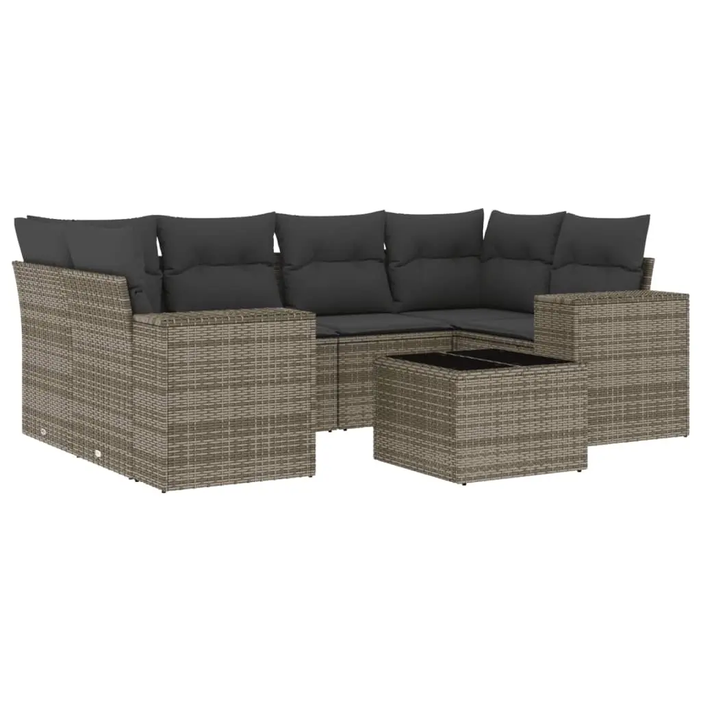 7 Piece Garden Sofa Set with Cushions Grey Poly Rattan 3222319 - Furniture
