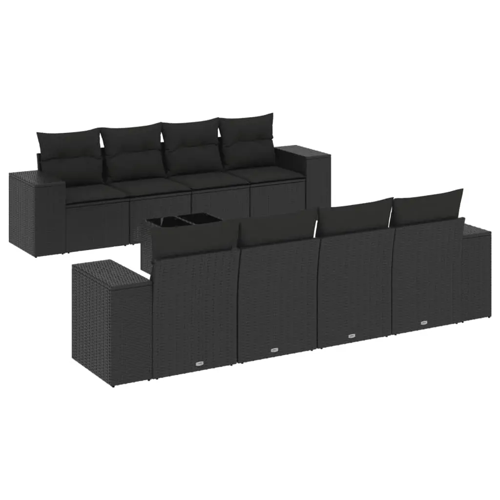 9 Piece Garden Sofa Set with Cushions Black Poly Rattan 3222344 - Furniture