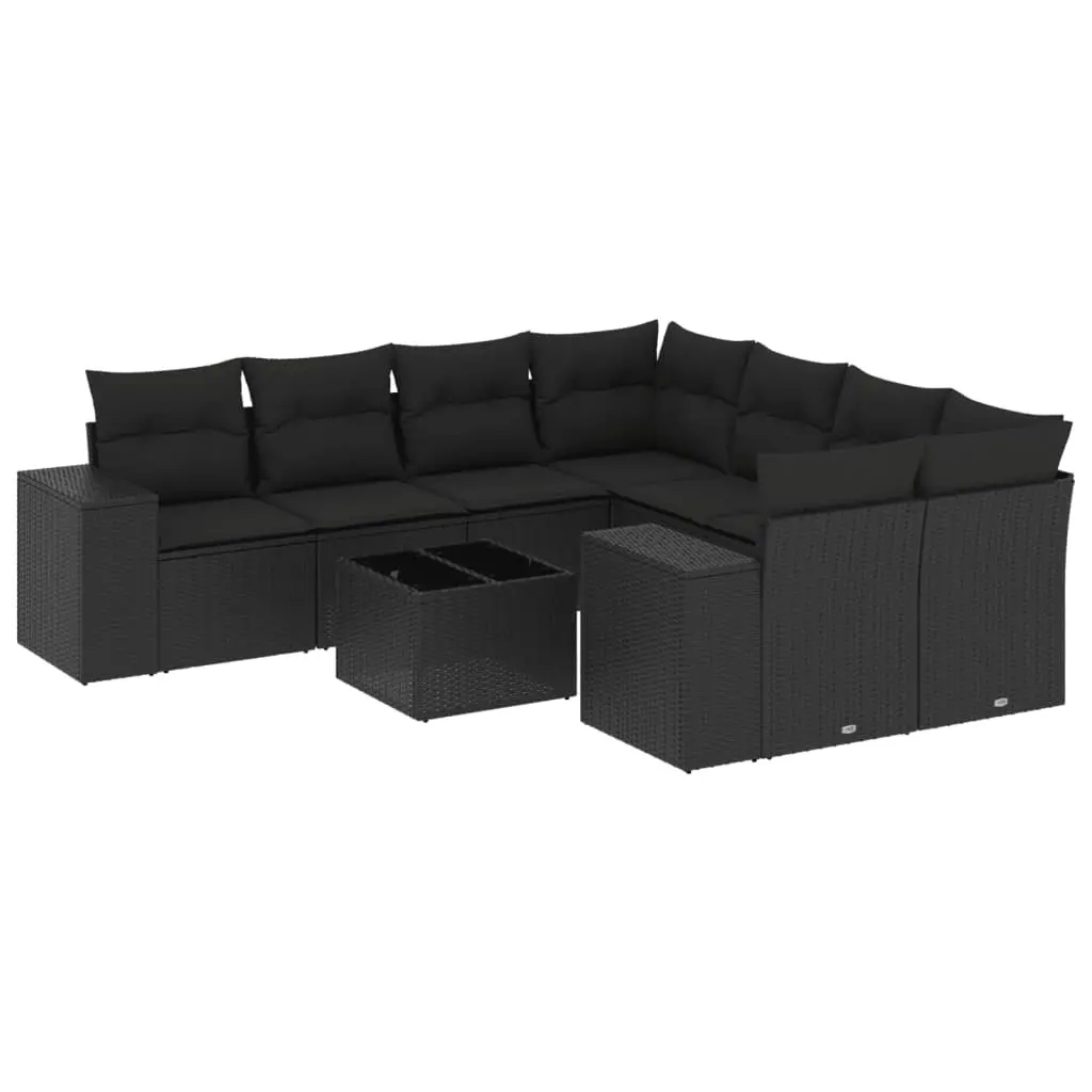 9 Piece Garden Sofa Set with Cushions Black Poly Rattan 3222354 - Furniture