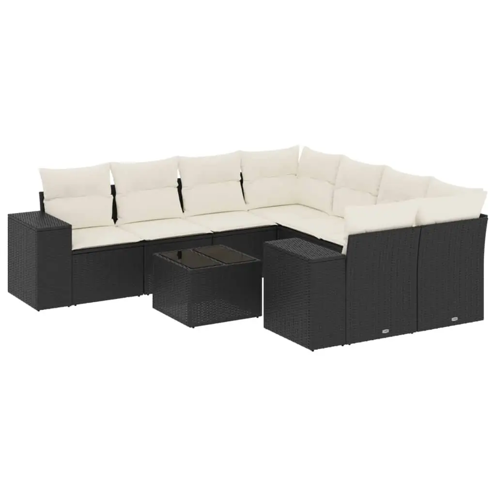 9 Piece Garden Sofa Set with Cushions Black Poly Rattan 3222355 - Furniture