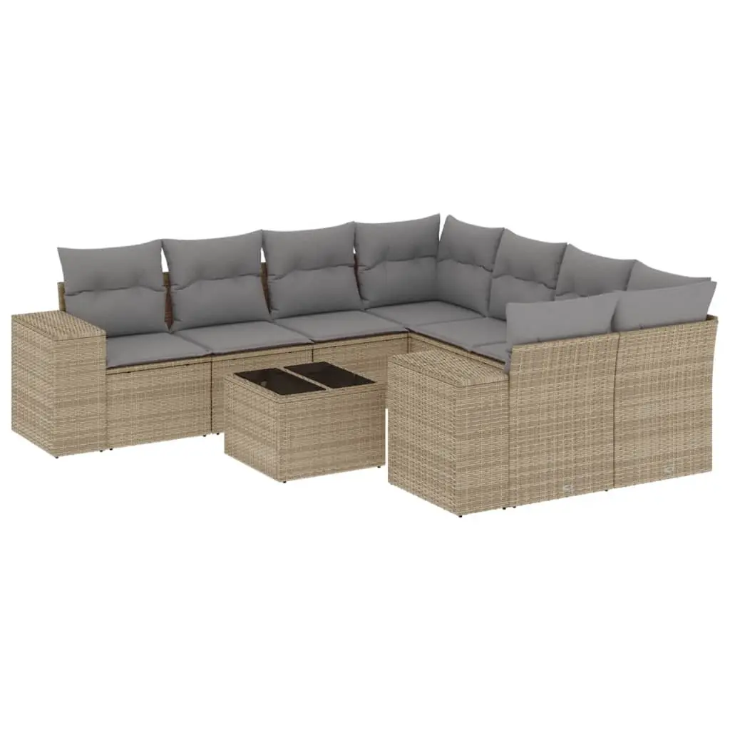 9 Piece Garden Sofa Set with Cushions Beige Poly Rattan 3222358 - Furniture
