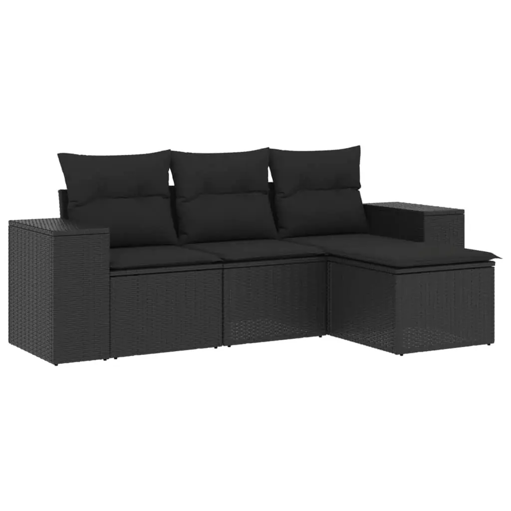 4 Piece Garden Sofa Set with Cushions Black Poly Rattan 3222464 - Furniture