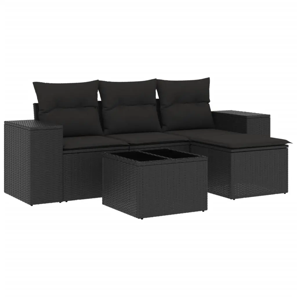 5 Piece Garden Sofa Set with Cushions Black Poly Rattan 3222474 - Furniture