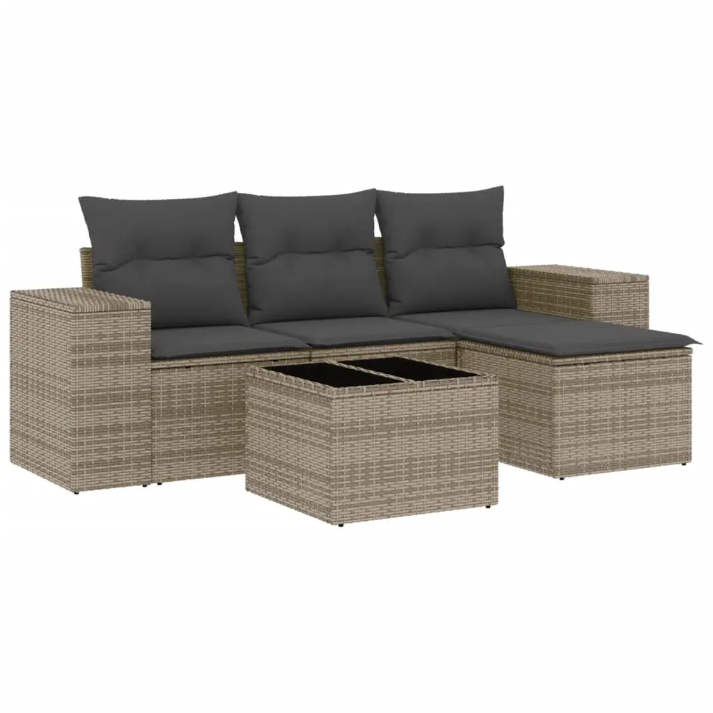 5 Piece Garden Sofa Set with Cushions Grey Poly Rattan 3222479 - Furniture