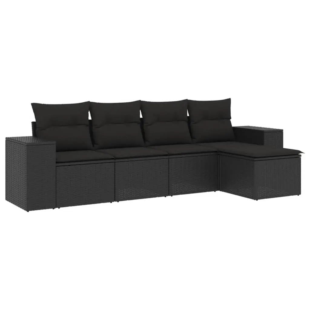 5 Piece Garden Sofa Set with Cushions Black Poly Rattan 3222484 - Furniture