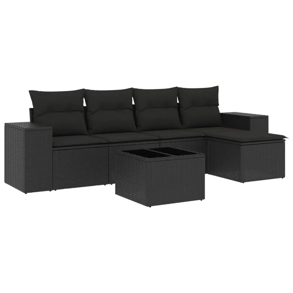 6 Piece Garden Sofa Set with Cushions Black Poly Rattan 3222494 - Furniture