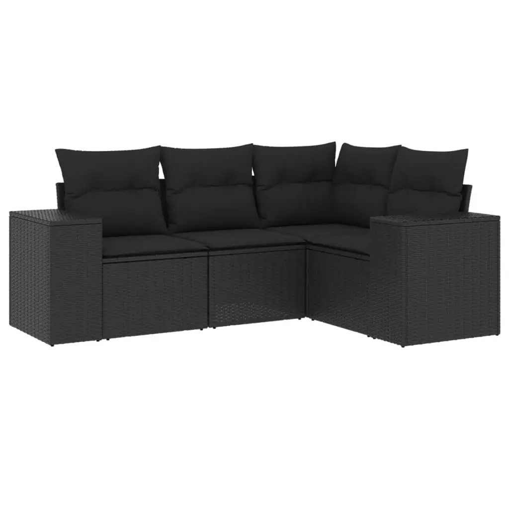 4 Piece Garden Sofa Set with Cushions Black Poly Rattan 3222504 - Furniture