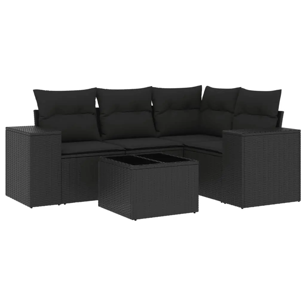 5 Piece Garden Sofa Set with Cushions Black Poly Rattan 3222514 - Furniture