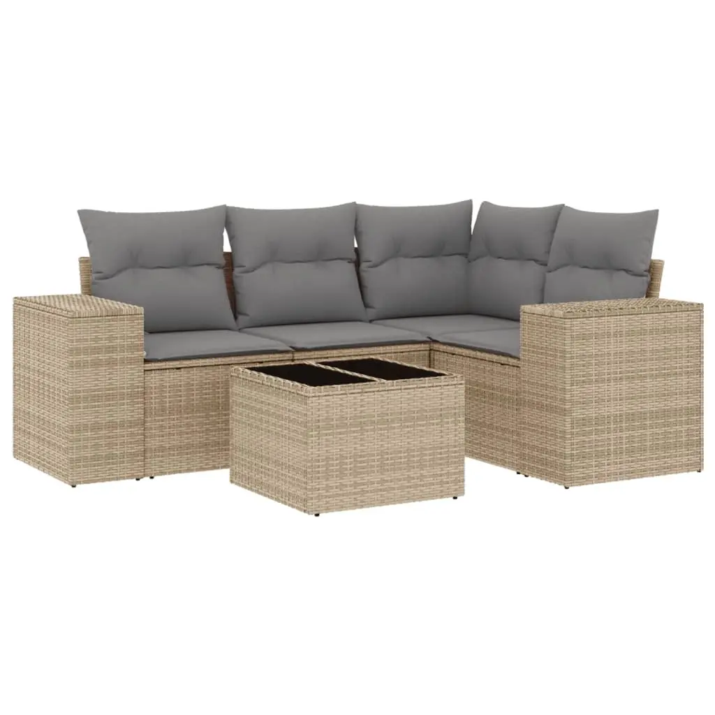 5 Piece Garden Sofa Set with Cushions Beige Poly Rattan 3222518 - Furniture