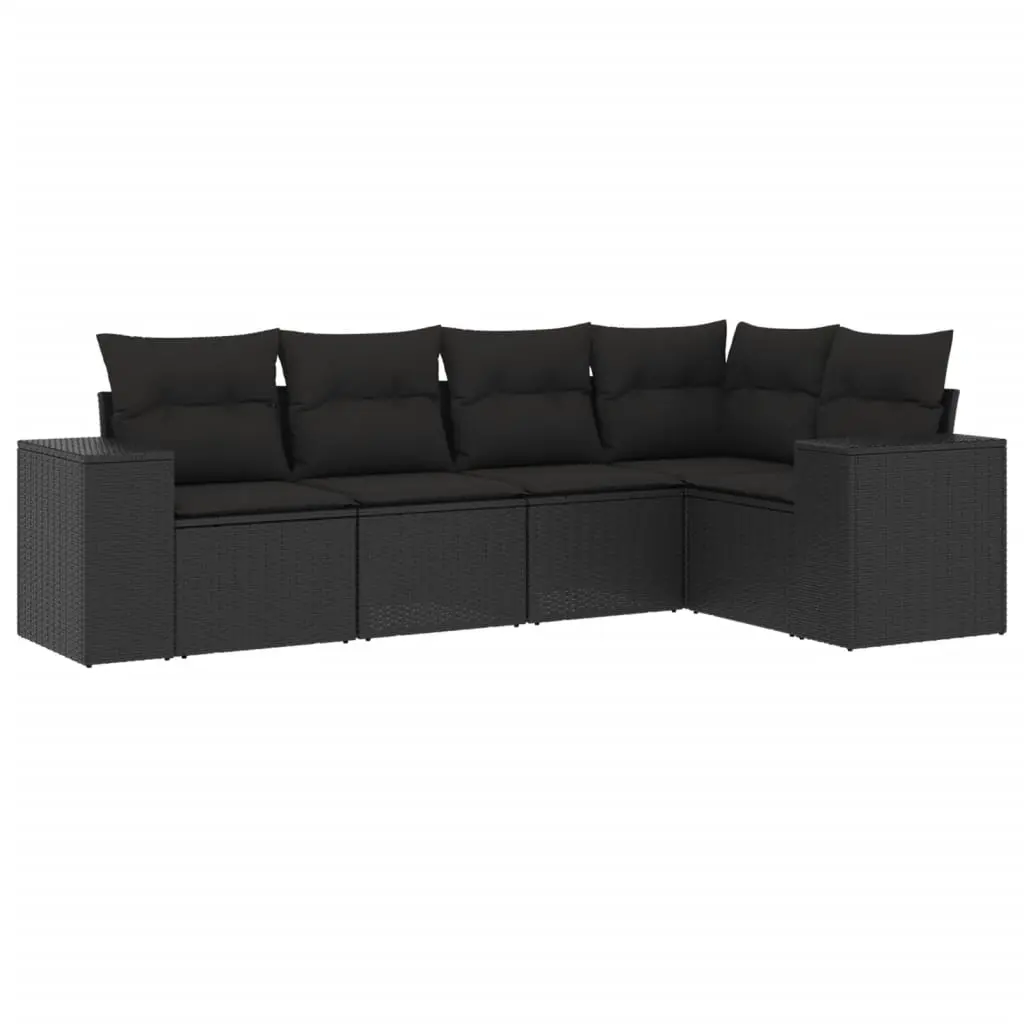 5 Piece Garden Sofa Set with Cushions Black Poly Rattan 3222524 - Furniture