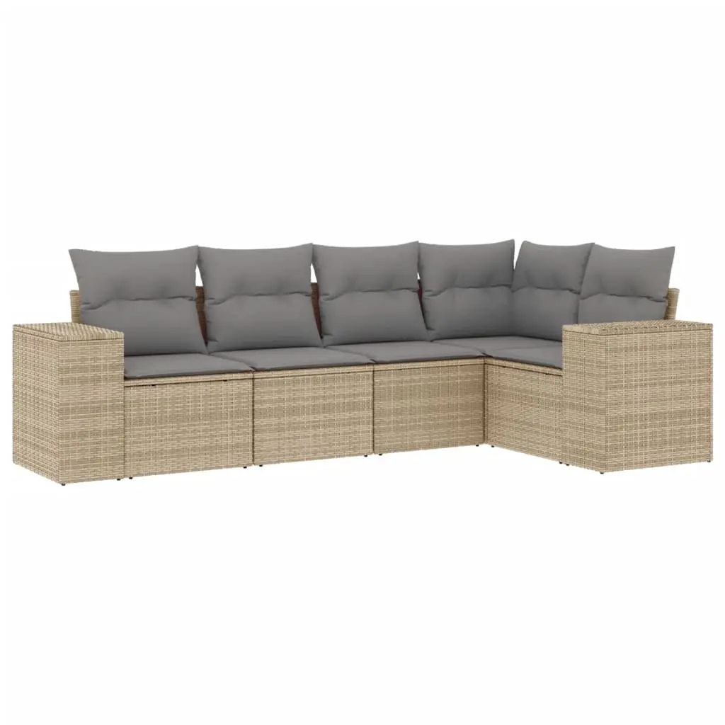 5 Piece Garden Sofa Set with Cushions Beige Poly Rattan 3222528 - Furniture