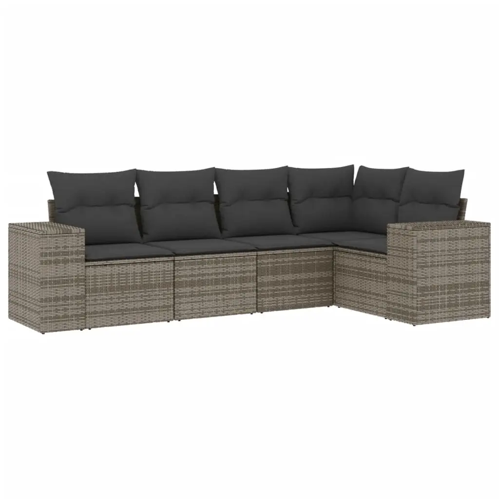 5 Piece Garden Sofa Set with Cushions Grey Poly Rattan 3222529 - Furniture