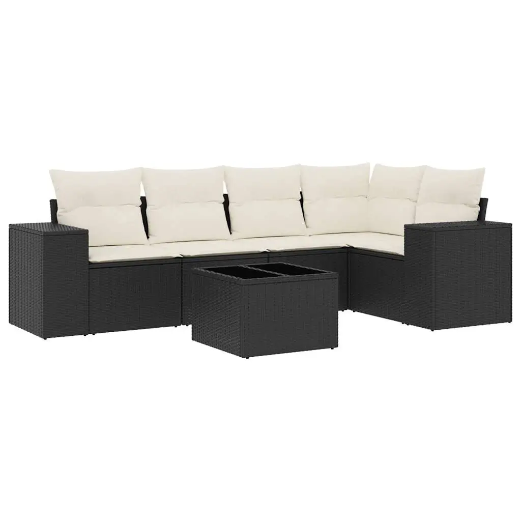 6 Piece Garden Sofa Set with Cushions Black Poly Rattan 3222535 - Furniture